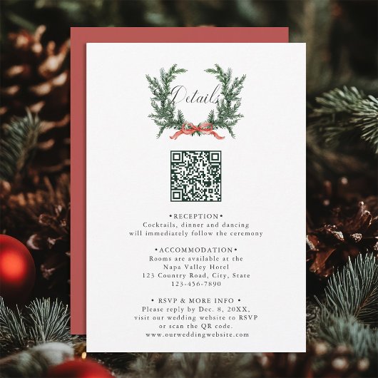 Evergreen Pine Wreath Wedding QR Code Details Informatiekaartje
