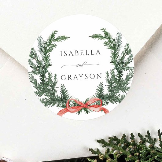 Evergreen Pine Wreath Wedding Ronde Sticker