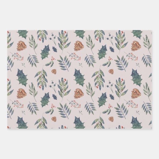 Evergreen Pinecones & Berries Green, White, Red Inpakpapier Vel (Voorkant 3)