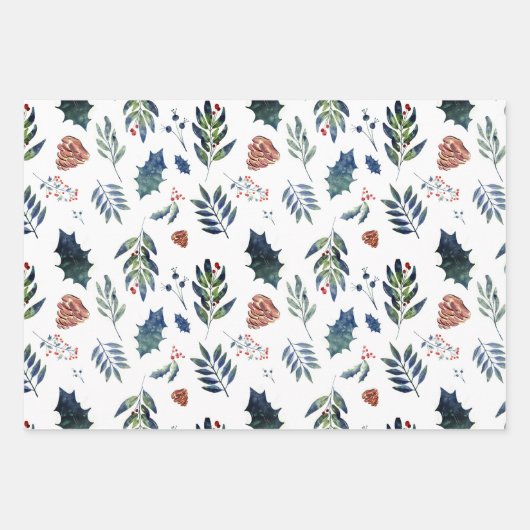 Evergreen Pinecones & Berries Green, White, Red Inpakpapier Vel (Voorkant 2)