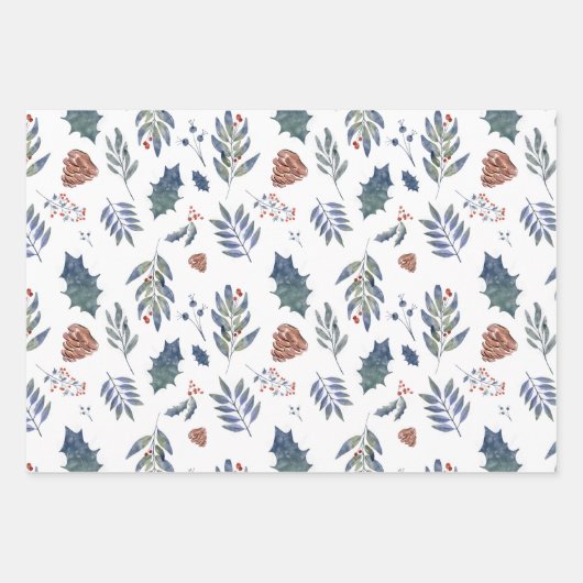 Evergreen Pinecones & Berries Green, White, Red Inpakpapier Vel (Voorkant)