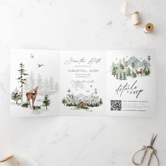 Evergreen Pines Rustieke Bruiloft Save The Date Drieluik Uitnodiging (Binnen)