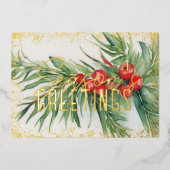 Evergreen Red Berries Seizoen Groeten Folie Feestdagenkaart (Voorkant)