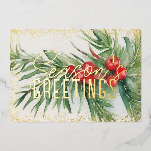 Evergreen Red Berries Seizoen Groeten Folie Feestdagenkaart (Voorkant)