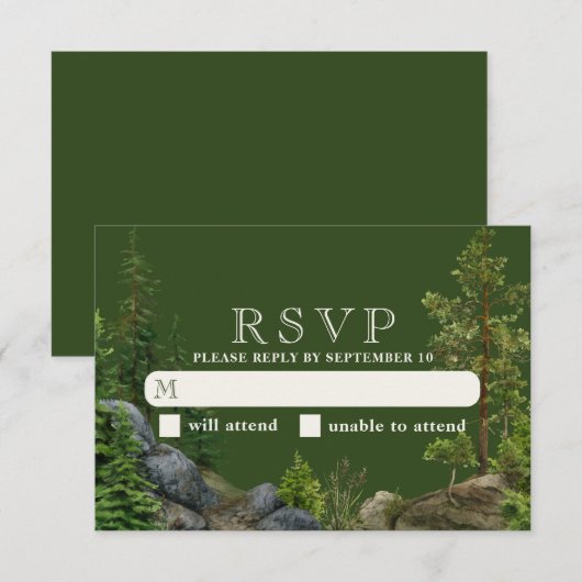 Evergreen Rocky Forest | Rustige Natuur bruiloft RSVP Kaartje (Voorkant / Achterkant)