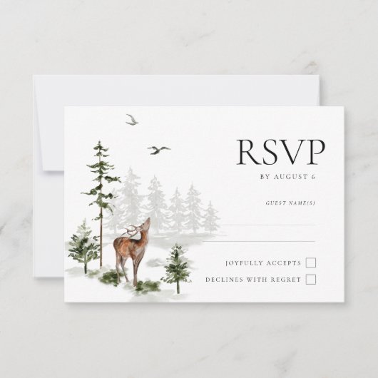 Evergreen Rustic Mountain Forest Bruiloft RSVP Kaa (Voorkant)