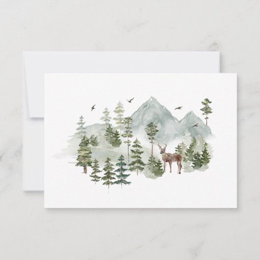 Evergreen Rustic Mountain Forest Bruiloft RSVP Kaa (Achterkant)