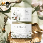 Evergreen Rustic Mountain Forest Bruiloft RSVP Kaa Kaartje