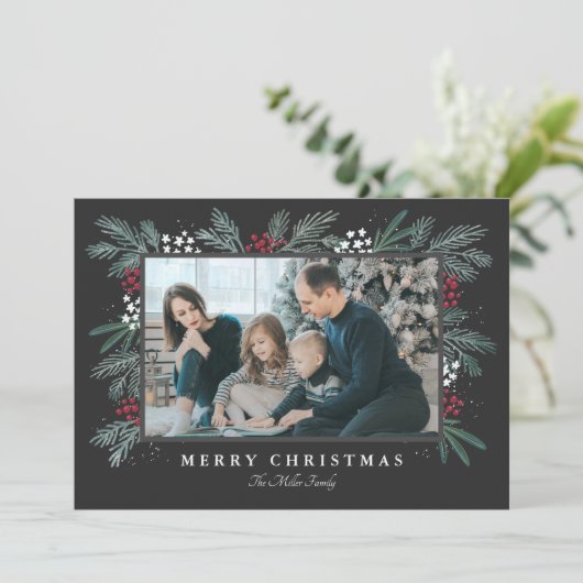 Evergreen Spray-kerstfotokaart Feestdagenkaart (Staand voorkant)