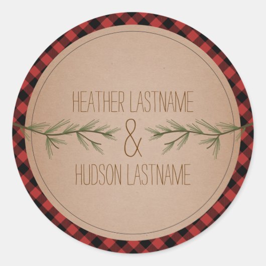 Evergreen Tree Branches Plaid Bruiloft Sticker (Voorkant)