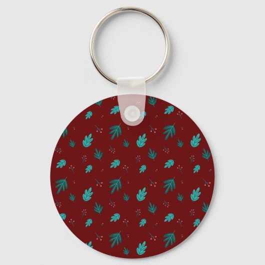 Evergreen Tree Leaves en Red Holly Berries Sleutelhanger (Voorkant)