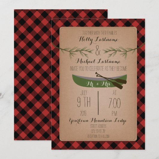 Evergreen Trees + Canoe Play Wedding Kaart (Voorkant / Achterkant)