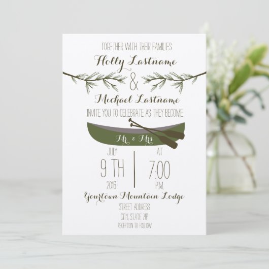Evergreen Trees + Canoe Wedding Kaart (Staand voorkant)
