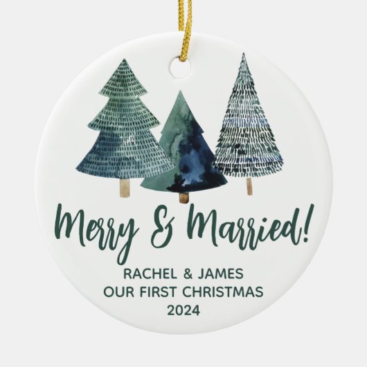 Evergreen Trees First Kerstfeest Merry & Married Keramisch Ornament (Voorkant)