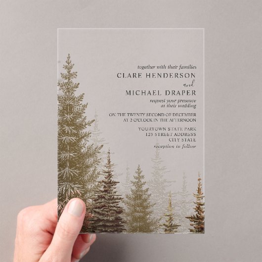 Evergreen Trees Rustic Woodland Wedding Acryl Uitnodigingen (Insitu (Draagbaar))