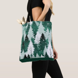 Evergreen Trees Winter Forest Sneeuw Monogram Tote Bag