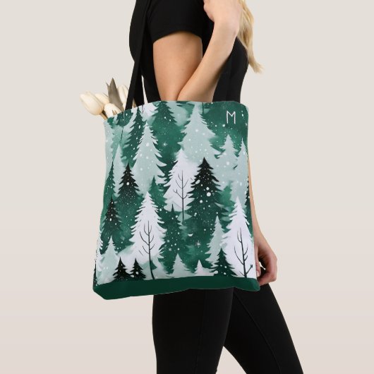 Evergreen Trees Winter Forest Sneeuw Monogram Tote Bag (Dichtbij)