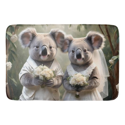 Evergreen Vows: Een Koala-bruiloft in het wit Badmat (Voorkant)