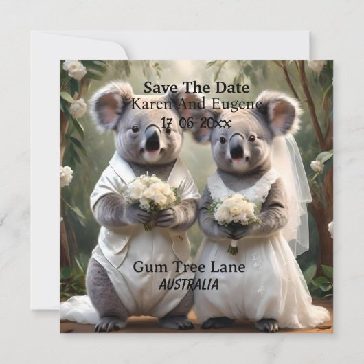 Evergreen Vows: Een Koala-bruiloft in het wit Kaart (Voorkant)