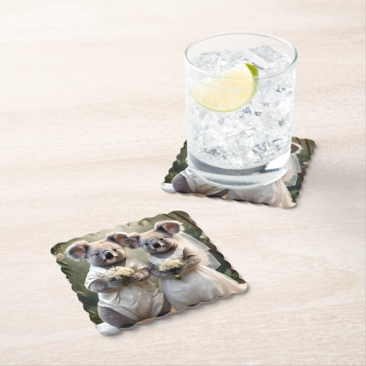 Evergreen Vows: Een Koala-bruiloft in het wit Kartonnen Onderzetters (Insitu)