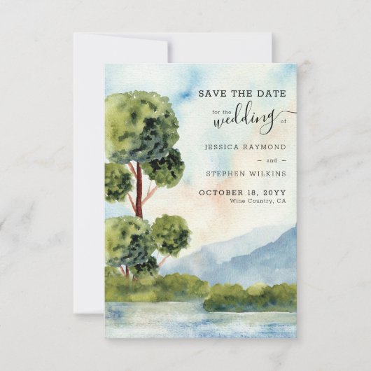 Evergreen-Waterverf en verticale foto Save The Date (Voorkant)