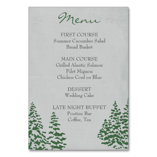 Evergreen Winter Bruiloft Menu Kaart (Voorkant)