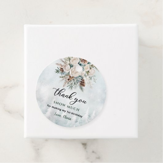 Evergreen Winter Eerste Verjaardag Dank u Bedankjes Labels (In situ)