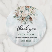 Evergreen Winter Eerste Verjaardag Dank u Bedankjes Labels (Voorkant)