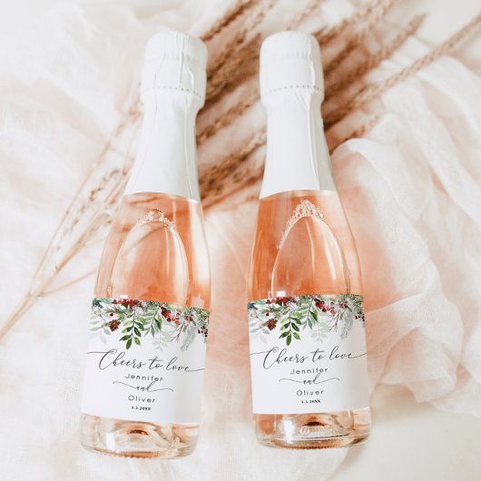 Evergreen winter elegante Proost op Liefde bruilof Sparkling Wijnetiket