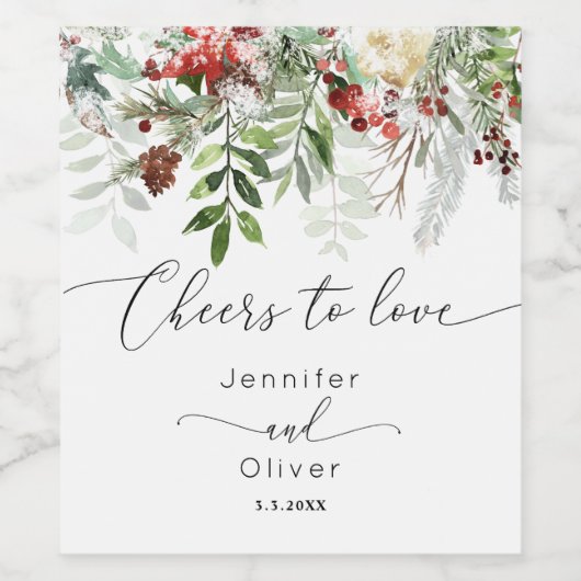 Evergreen winter elegante Proost op Liefde bruilof Wijn Etiket (Enkel label)