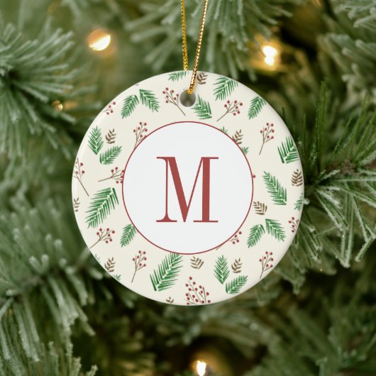 Evergreen Winter Floral Initiaal Monogram Kerst Keramisch Ornament (Boom)