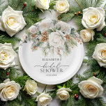 Evergreen Winter Floral Vrijgezellenfeest Papieren Bordje<br><div class="desc">Het Evergreen Winter Floral Vrijgezellenfeest Paper Bord legt de serene schoonheid van een winterwonderland vast, waarbij delicate bloemen en natuurlijke groenblijvende elementen worden gecombineerd om een charmant en elegant ontwerp te creëer. Het groenblijvende gebladerte staat voor kracht en veerkracht, terwijl het een harmonieuze balans creëert met de bloemen. Elegante kalligrafie...</div>