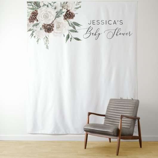 Evergreen winter minimaal elegant baby shower wandkleed (In situ)