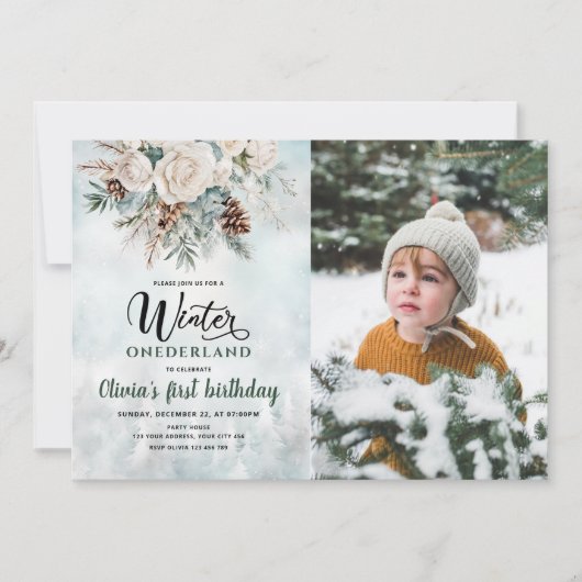 Evergreen Winter Onederland Eerste Verjaardag Foto Kaart (Voorkant)