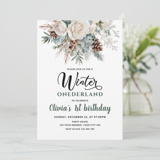 Evergreen Winter Onederland Eerste Verjaardag Kaart (Staand voorkant)
