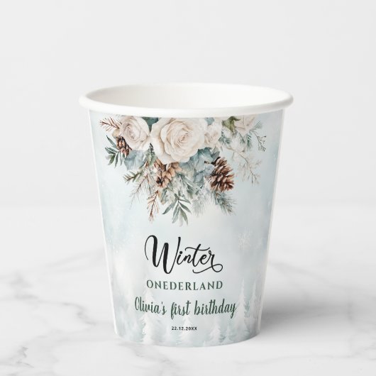 Evergreen Winter Onederland Eerste Verjaardag Papieren Bekers (Voorkant)