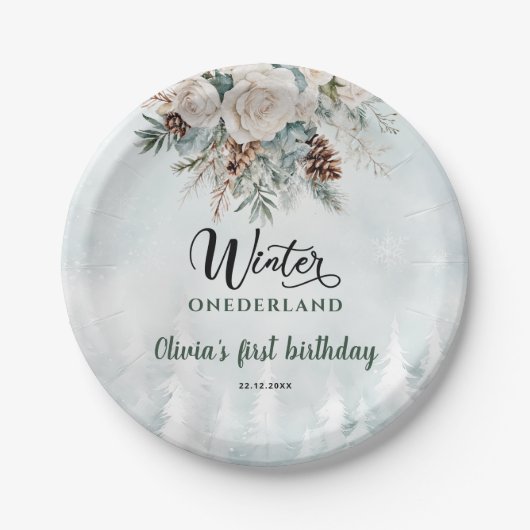 Evergreen Winter Onederland Eerste Verjaardag Papieren Bordje (Voorkant)