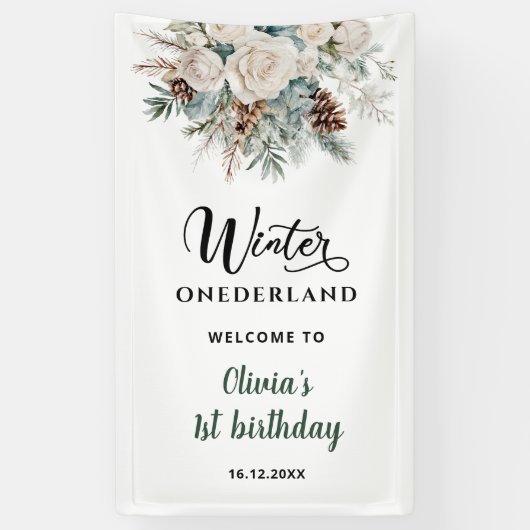Evergreen Winter Onederland Eerste Verjaardag Welk Spandoek (Verticaal)