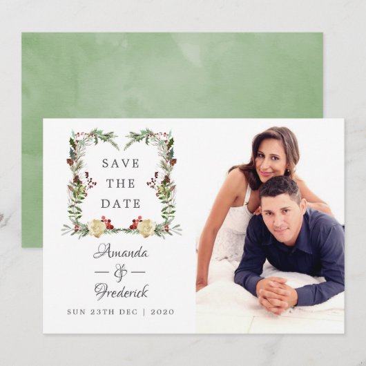 Evergreen - Wintertide Woodland Kerst Huwelijk Save The Date (Voorkant / Achterkant)