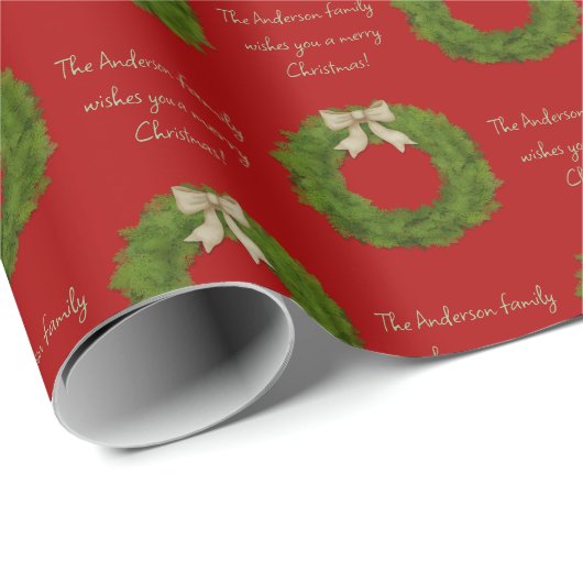 Evergreen Wreater met Bow Custom Message Kerstmis Cadeaupapier (Rol Hoek)