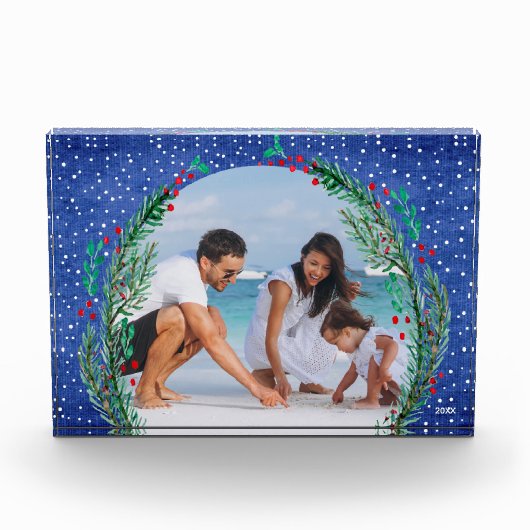 Evergreen Wreath op blauw kerstfeest Fotoblokken (Voorkant)