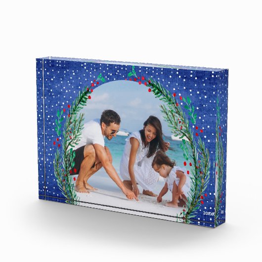 Evergreen Wreath op blauw kerstfeest Fotoblokken (Rechts)