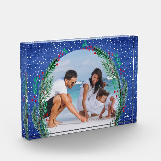 Evergreen Wreath op blauw kerstfeest Fotoblokken (Links)