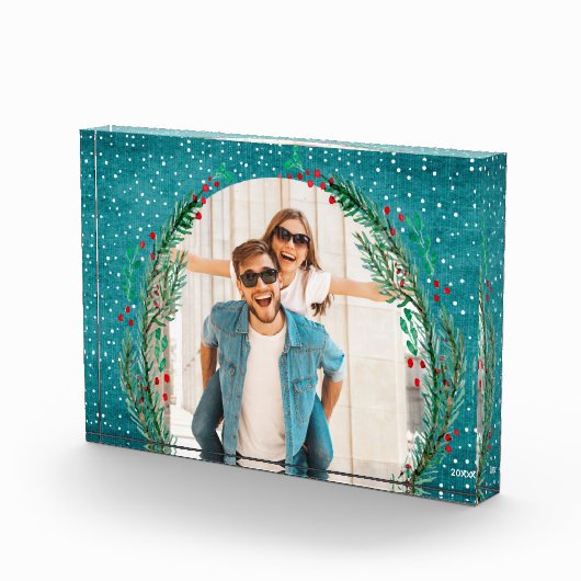 Evergreen Wreath op Turquoise Kerstmis Fotoblokken (Rechts)