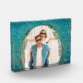 Evergreen Wreath op Turquoise Kerstmis Fotoblokken (Links)