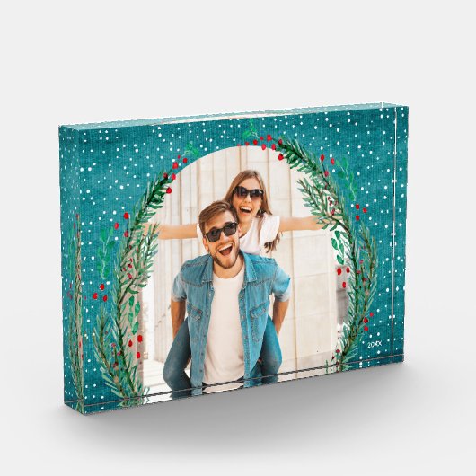 Evergreen Wreath op Turquoise Kerstmis Fotoblokken (Links)