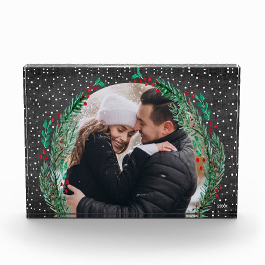 Evergreen Wreath Snow Black Black Photo Block Fotoblokken (Voorkant)