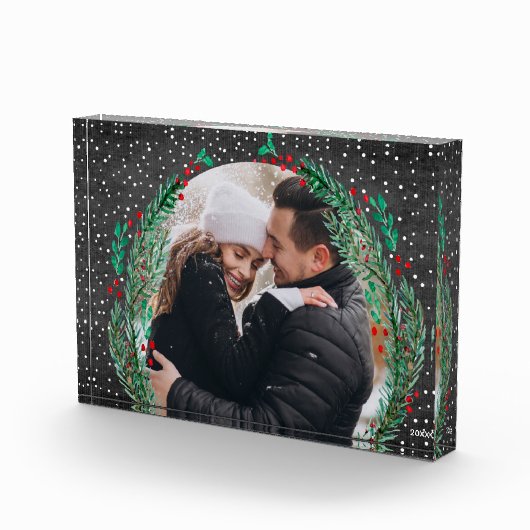 Evergreen Wreath Snow Black Black Photo Block Fotoblokken (Rechts)