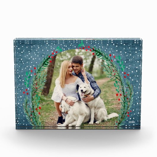 Evergreen Wreath Snow-kerstdenim Blue Fotoblokken (Voorkant)
