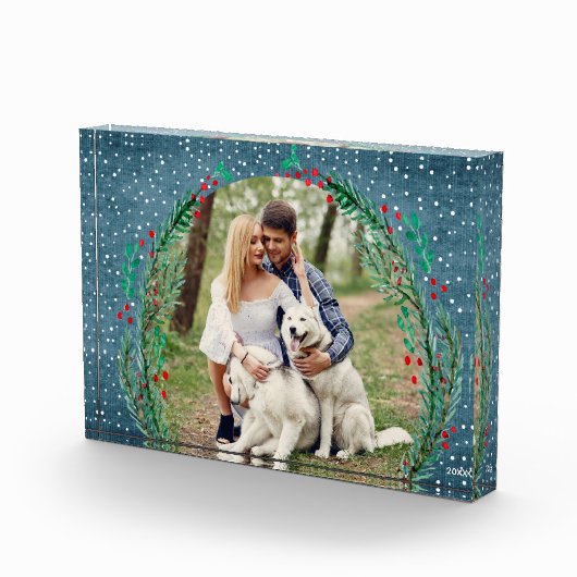 Evergreen Wreath Snow-kerstdenim Blue Fotoblokken (Rechts)